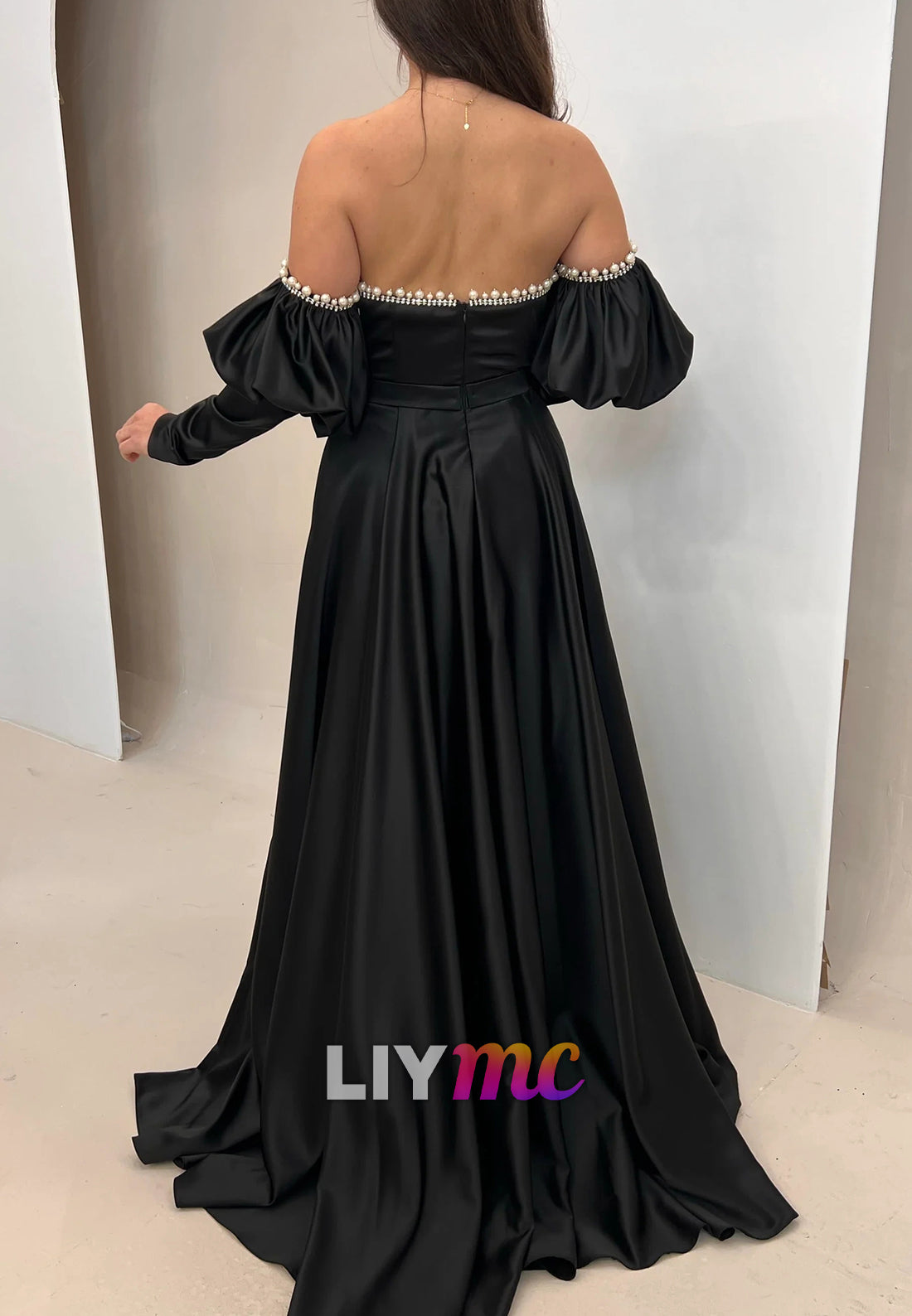 Straight Across Pearl Long Sleeves A-Line Evening Dress