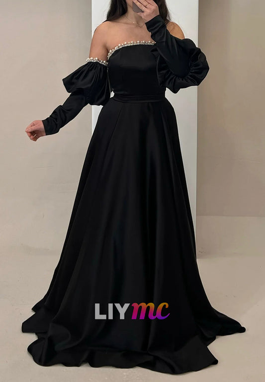Straight Across Pearl Long Sleeves A-Line Evening Dress