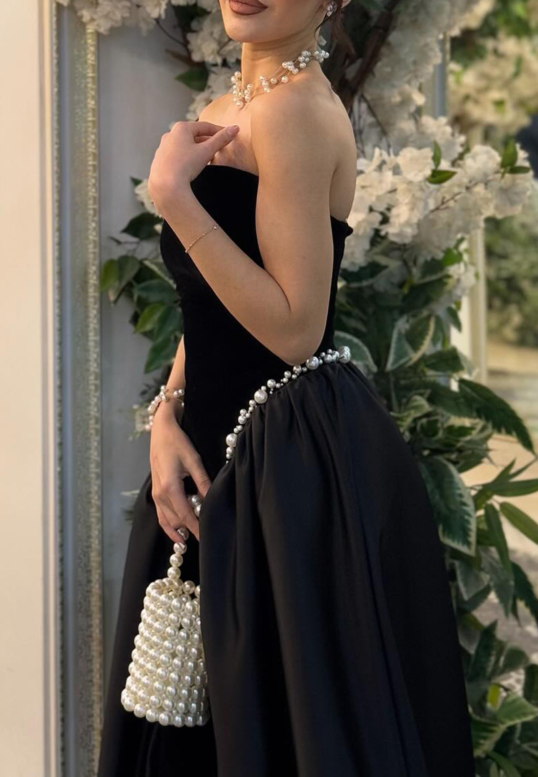 Straight Across Pearl Pleated A-Line Evening Dress