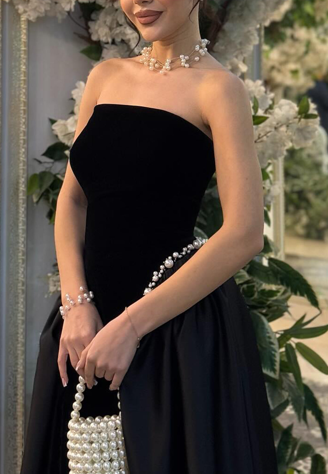 Straight Across Pearl Pleated A-Line Evening Dress