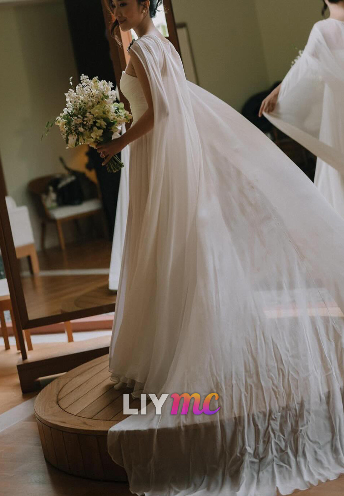 Straight Across Pleated A-Line Simple Beach Wedding Dress