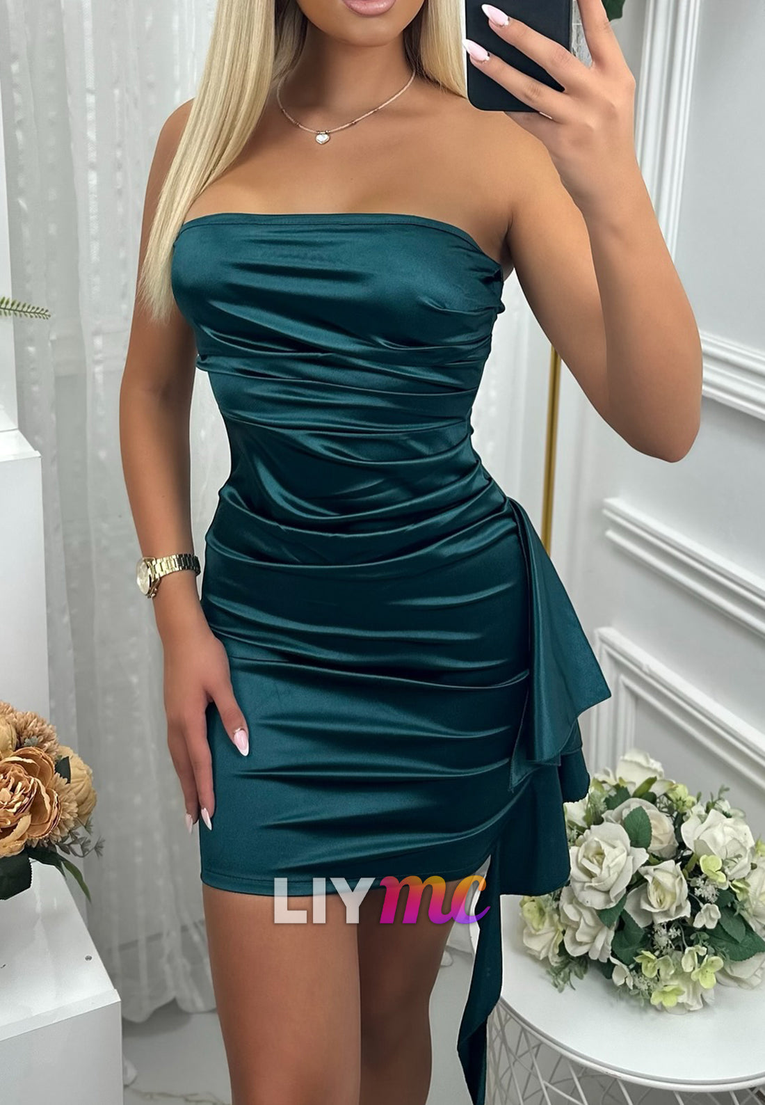 Straight Across Pleated Ruffled Sheath Party Homecoming Dress