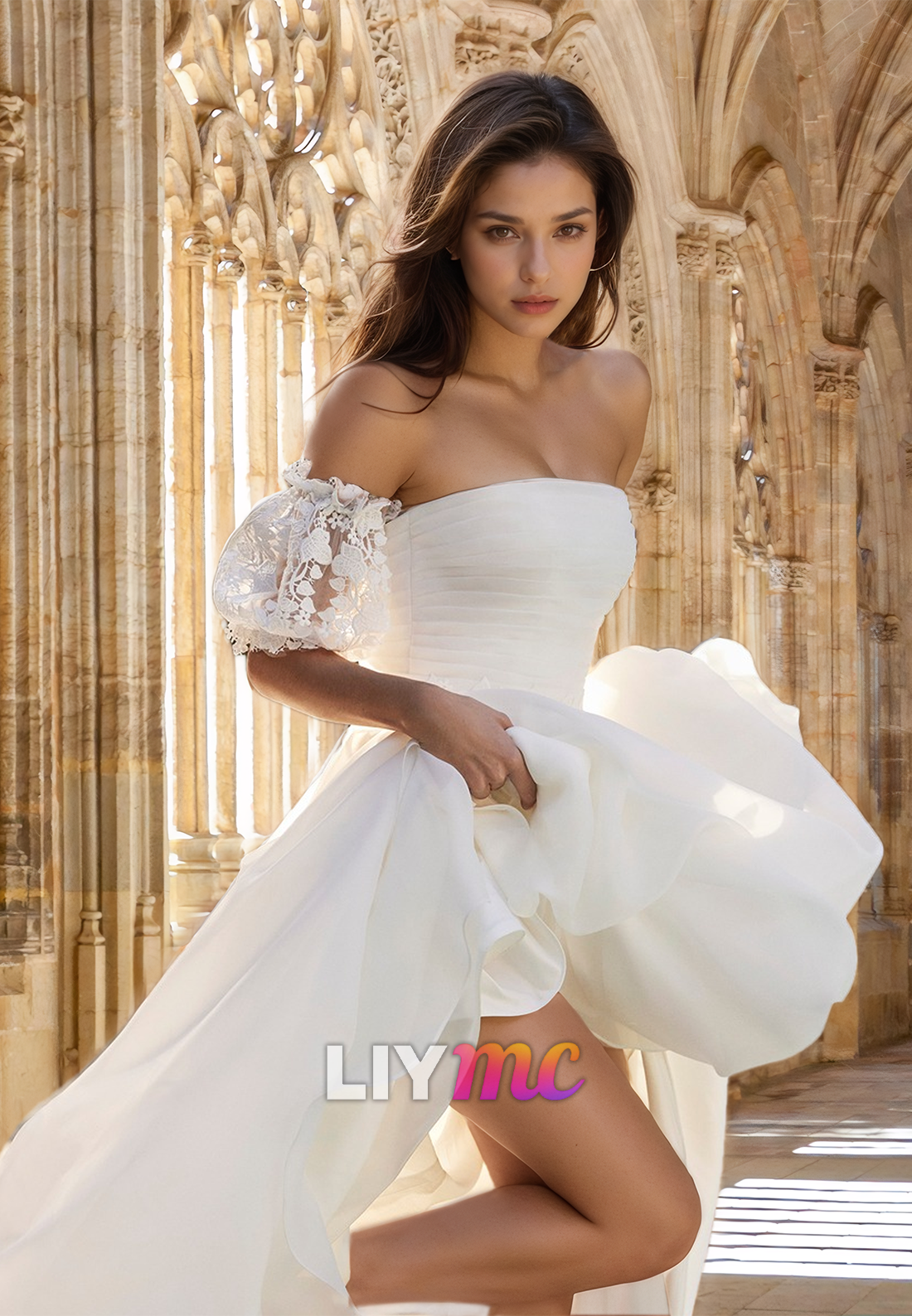 Straight Across Puff Sleeves Appliques Pleated A-Line Wedding Dress