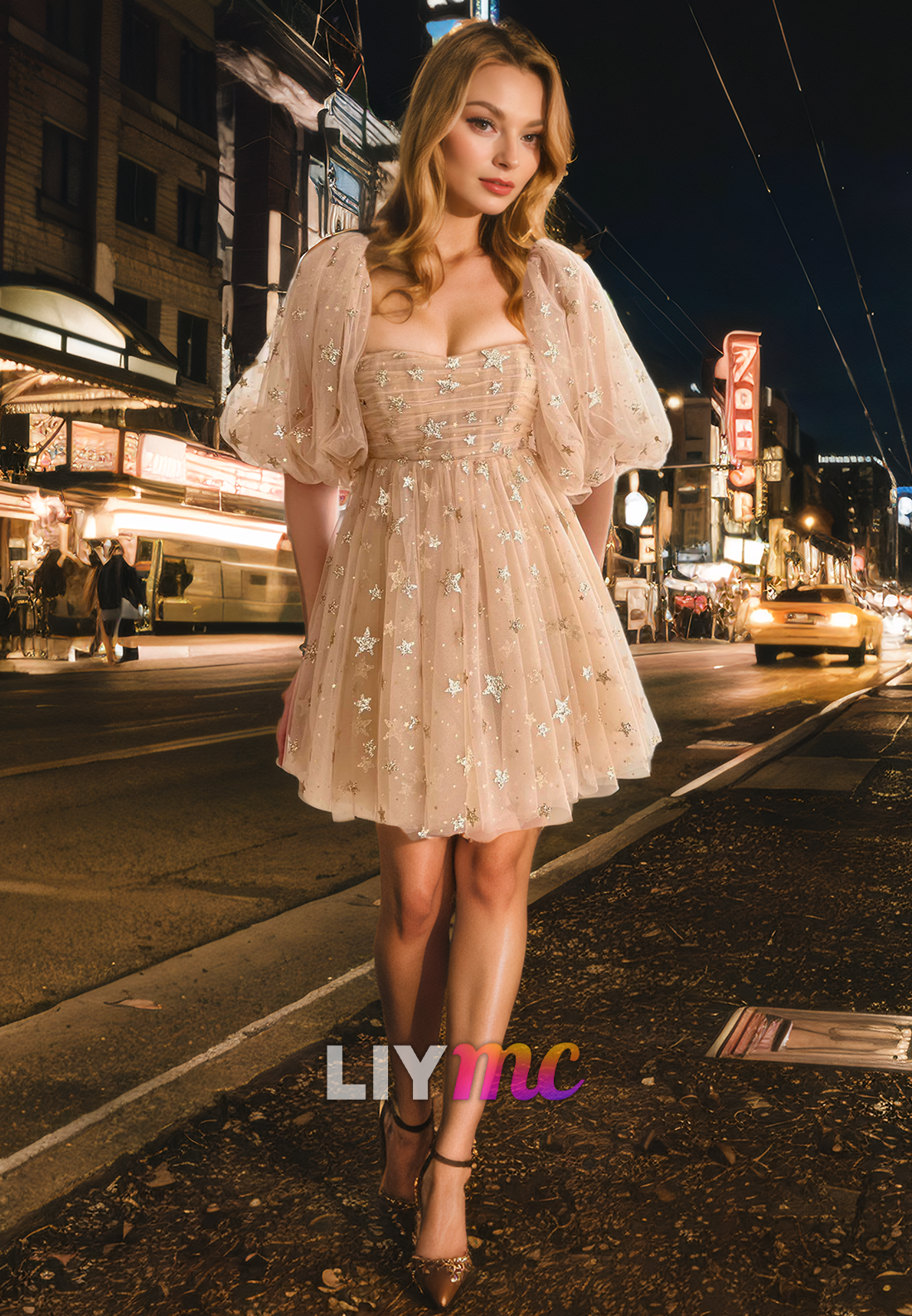 Straight Across Puff Sleeves Floral Pleated Tulle A-Line Short Homeocming Dress