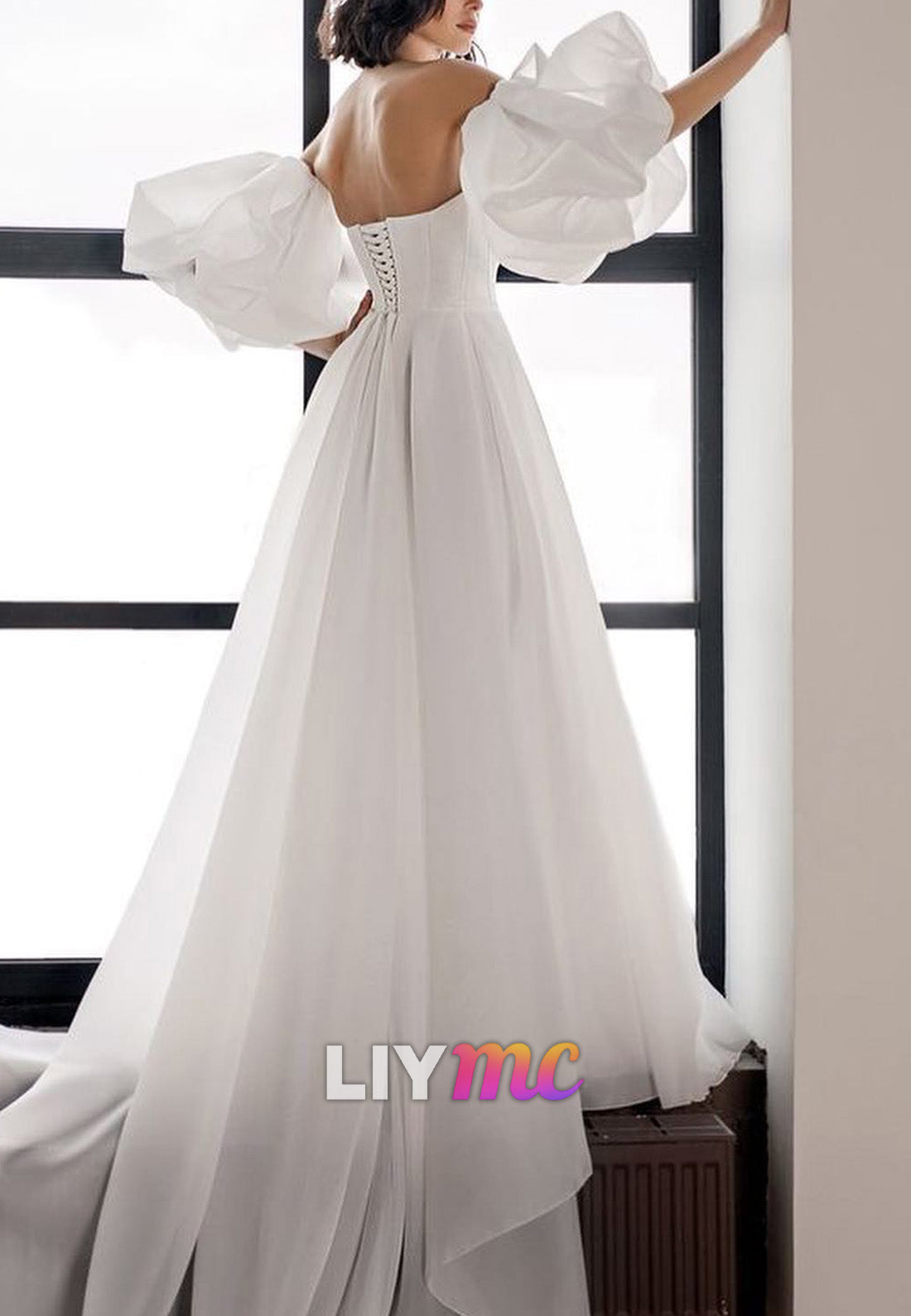 LW969 - Straight Across Puff Sleeves High Slit Pleated Beach Wedding Dress