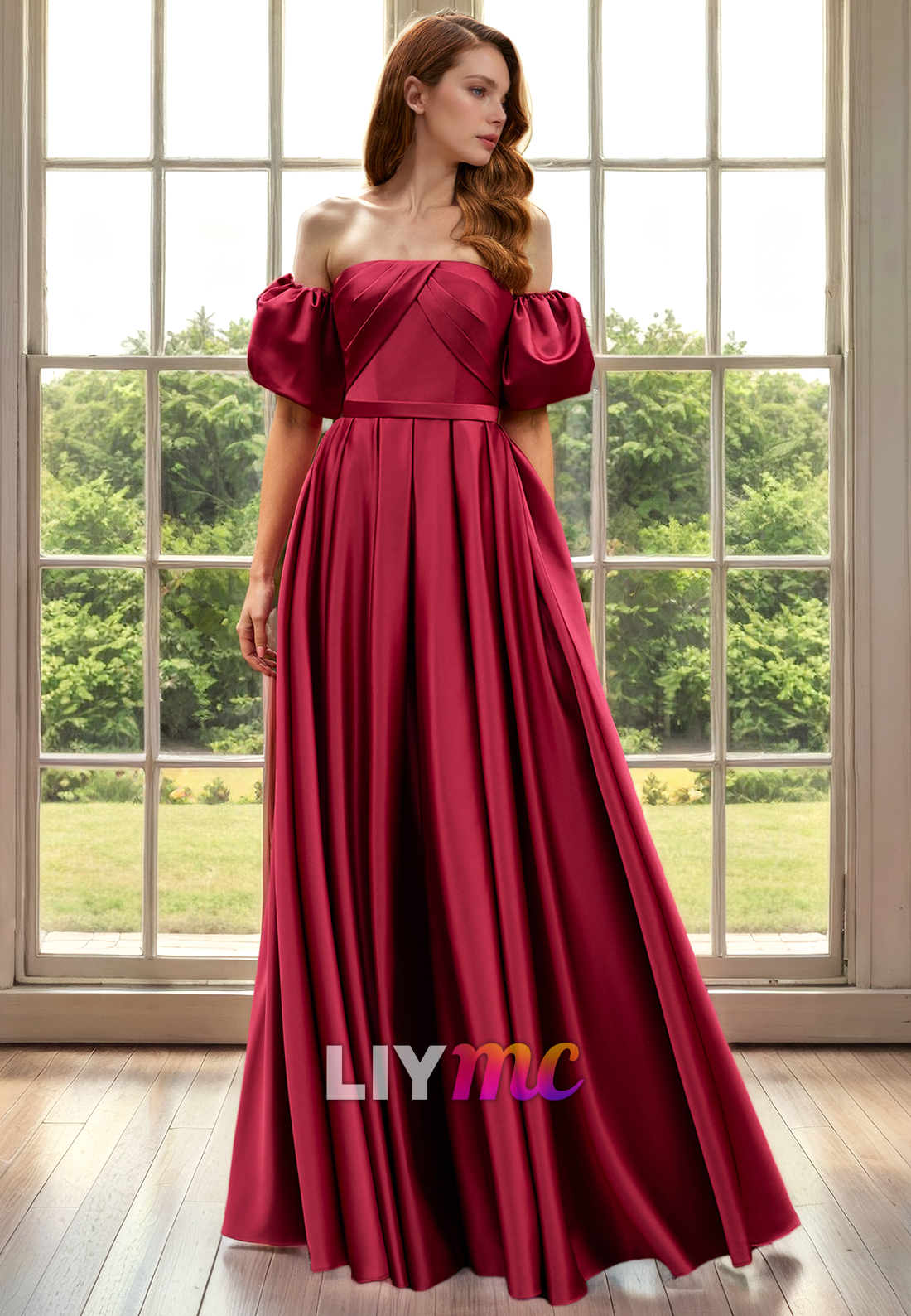 Straight Across Puff Sleeves Pleated A-Line Mother of Bride Dress Cocktail Dress