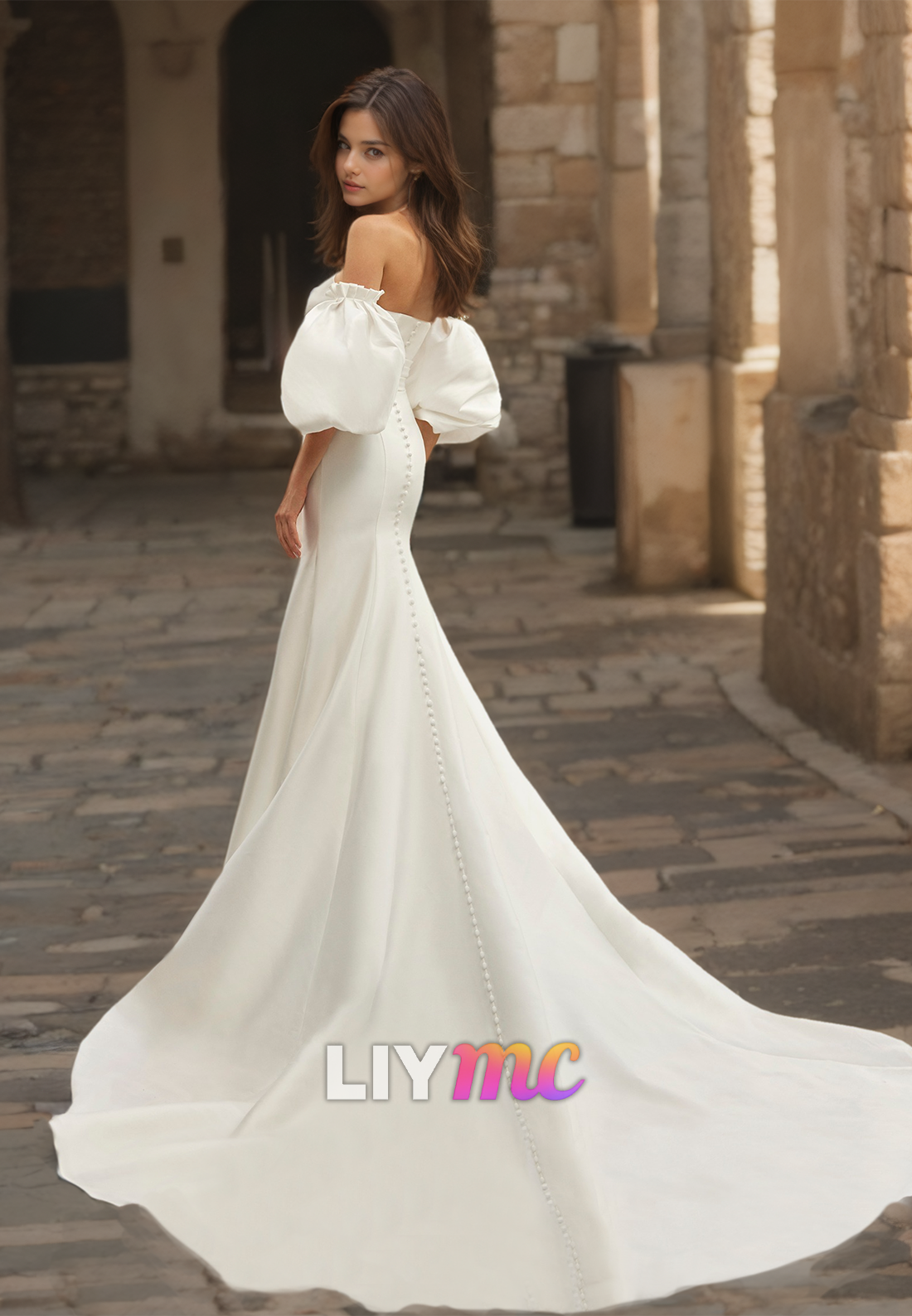 Straight Across Puff Sleeves Sleek Mermiad Wedding Dress