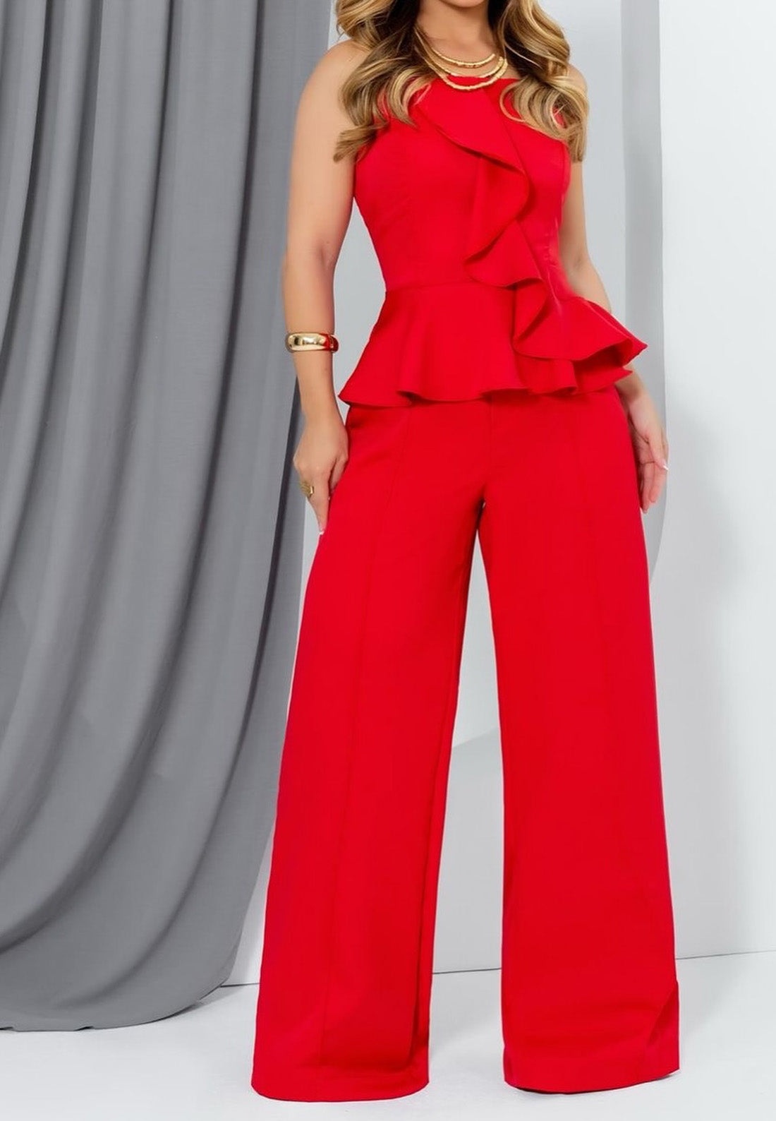 Straight Across Ruffled Sleeveless Jumpsuit