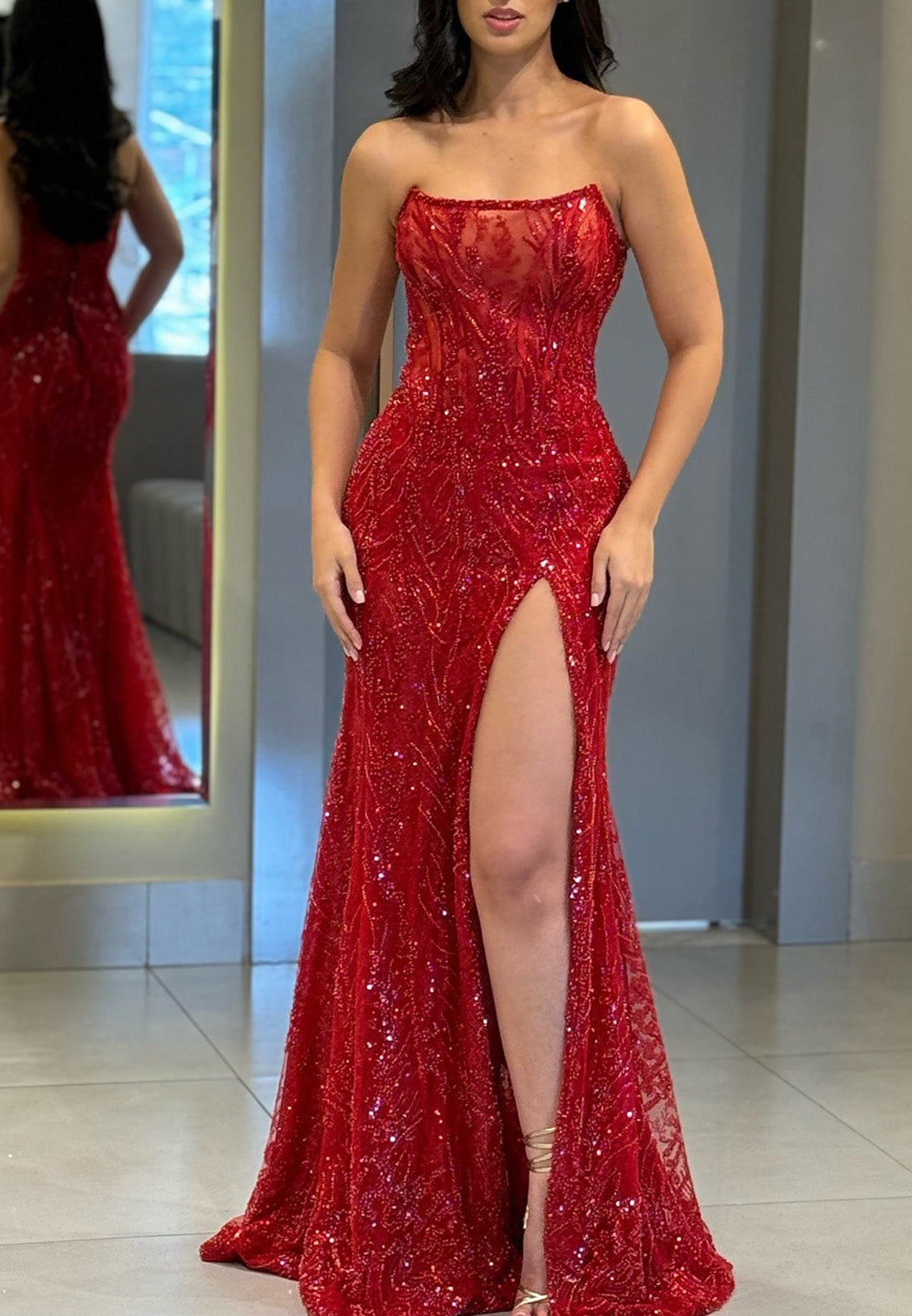 Straight Across Sleeveless Appliques Sequins Sheath Prom Dress