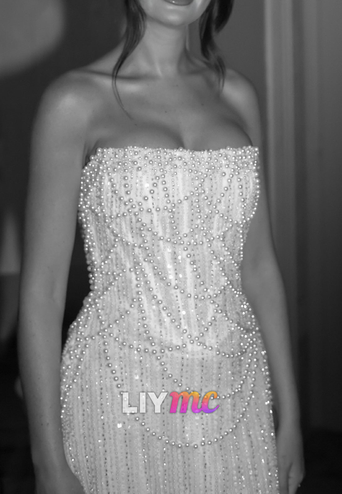 Straight Across Sleeveless Beaded Embellished Pearl Sheath Wedding Dress