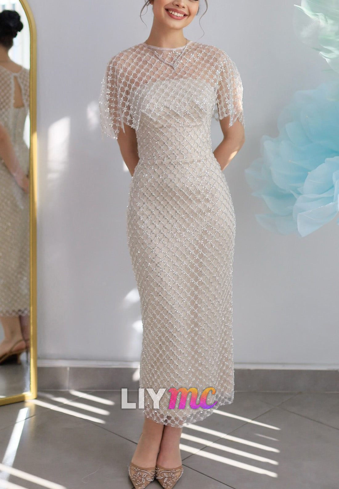 Straight Across Sleeveless Beaded Embroidery Sheath Wedding Dress