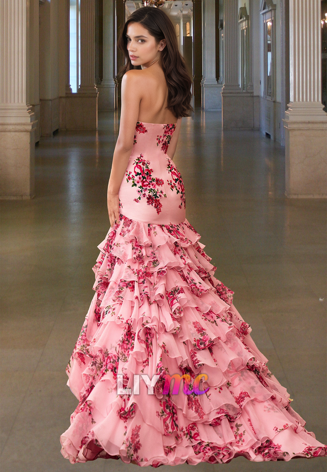 Straight Across Sleeveless Floral Chiffon Tiered Mermaid Prom Dress