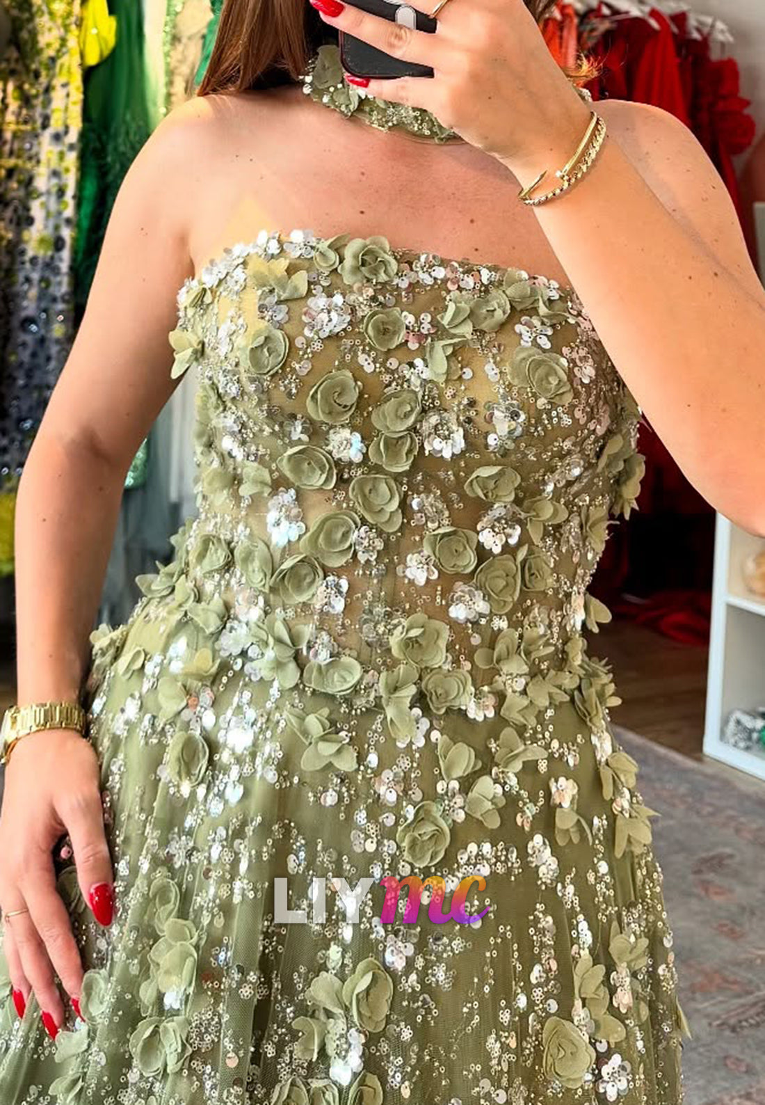 Straight Across Sleeveless Floral Embellished A-Line Prom Dress