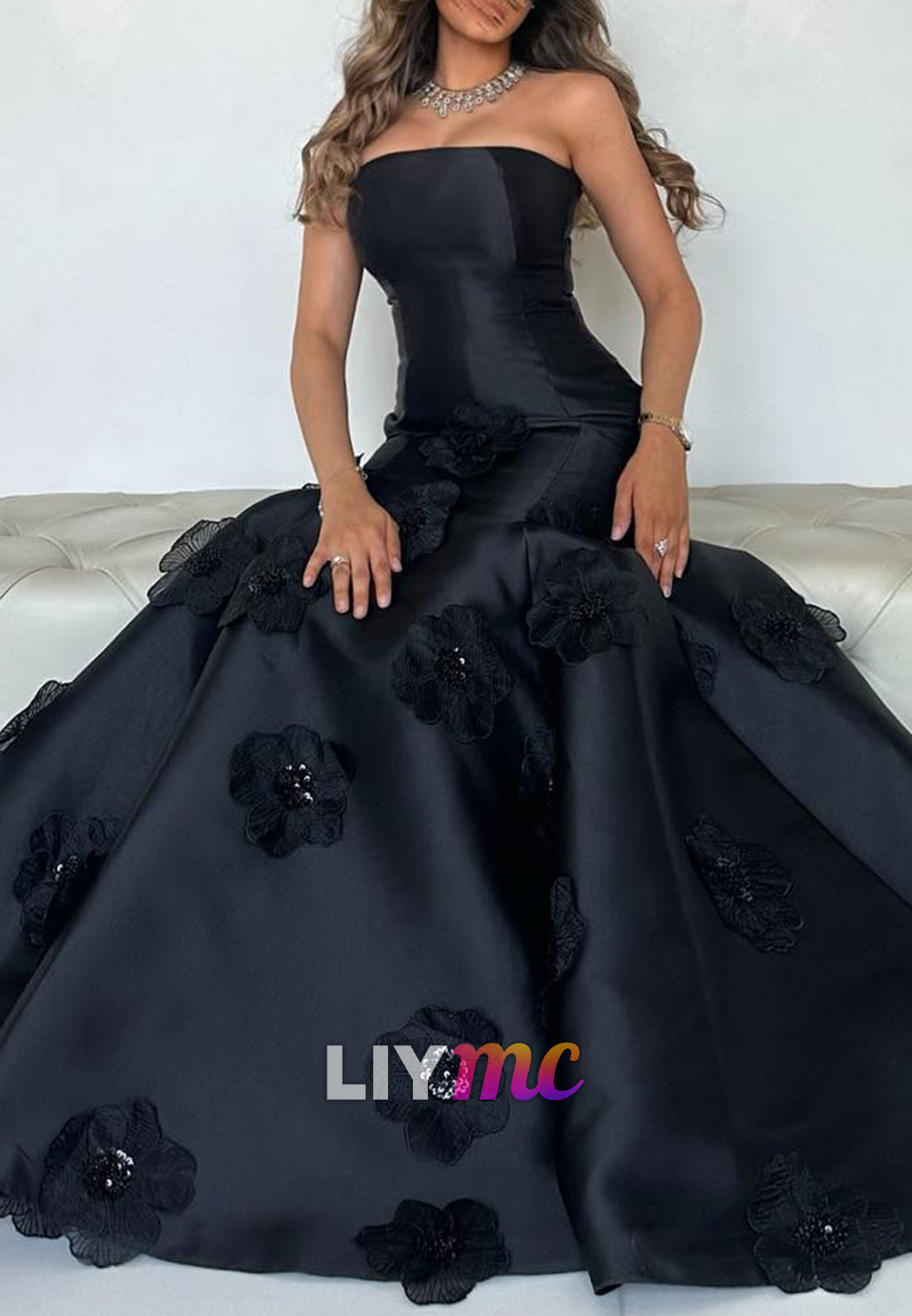 Straight Across Sleeveless Floral Embellished Mermaid Evening Dress