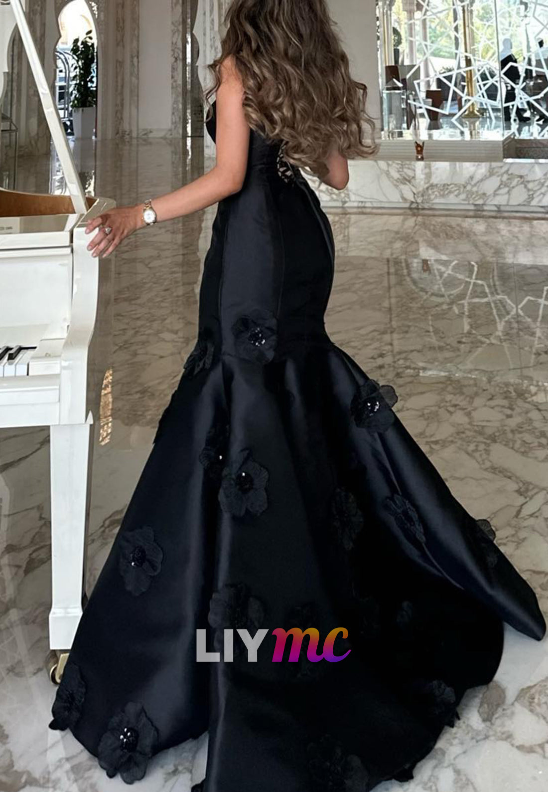 Straight Across Sleeveless Floral Embellished Mermaid Evening Dress