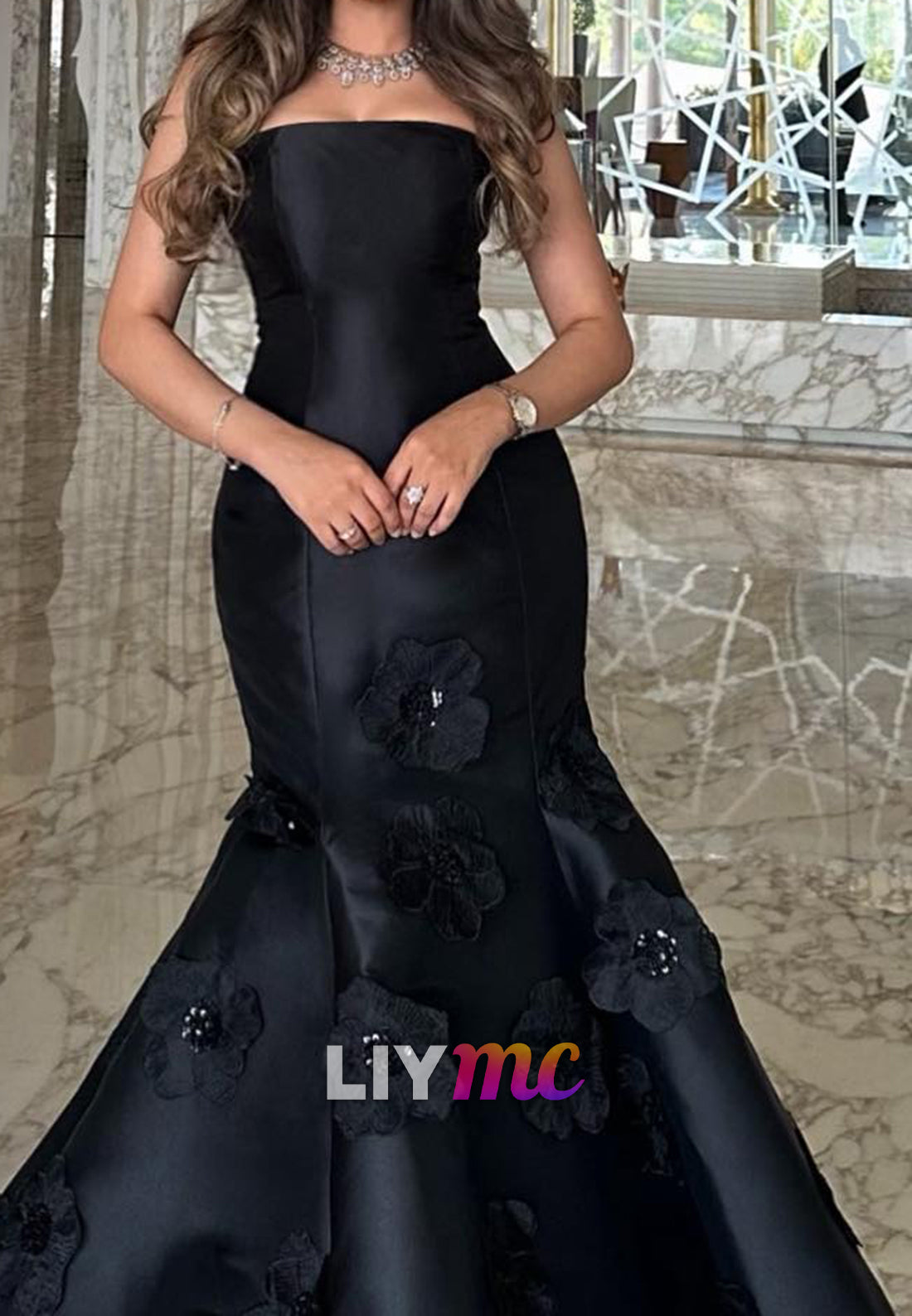 Straight Across Sleeveless Floral Embellished Mermaid Evening Dress