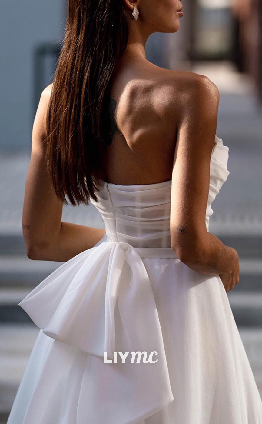 LW854 - Straight Across Sleeveless High Slit A-Line Pleated Beach Wedding Dress