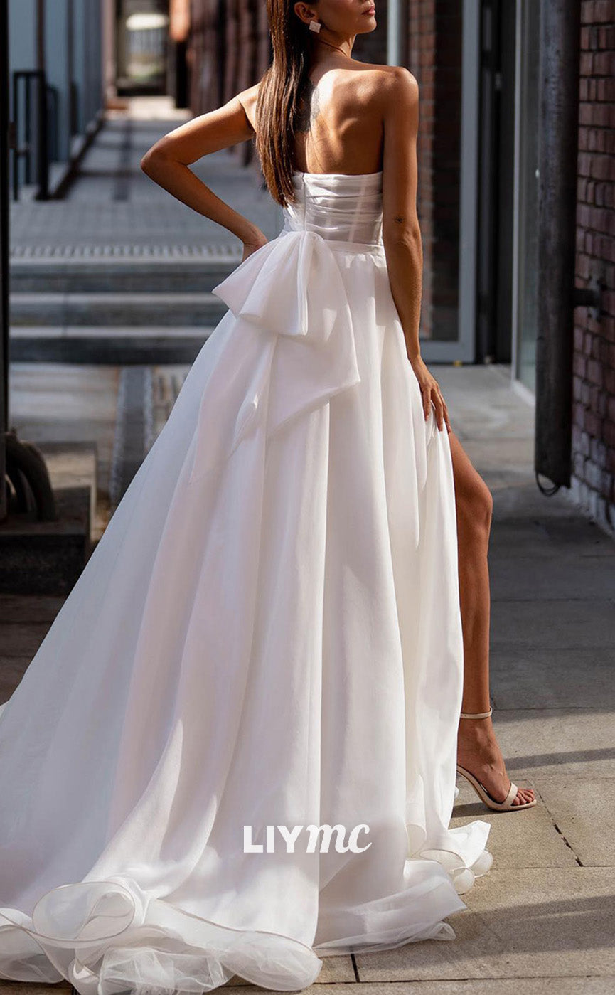 LW854 - Straight Across Sleeveless High Slit A-Line Pleated Beach Wedding Dress