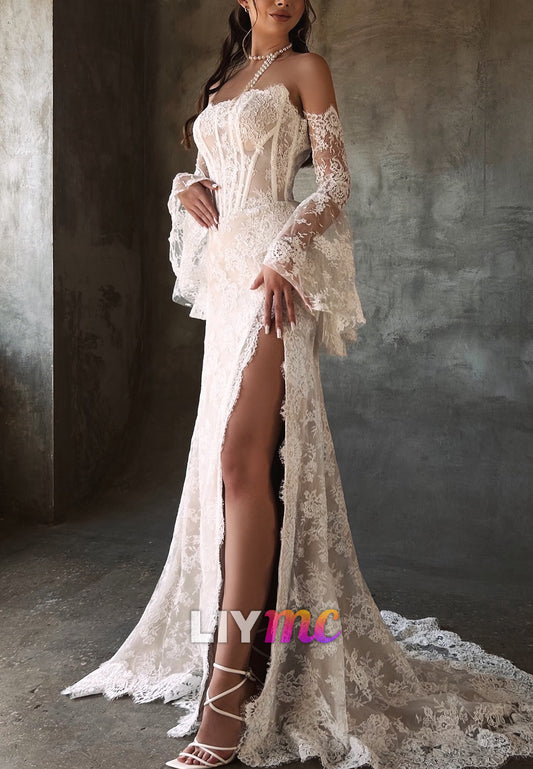 Straight Across Sleeveless Lace Appliques Sheath Wedding Dress