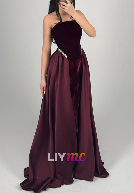 Straight Across Sleeveless Pearl A-Line Evening Dress