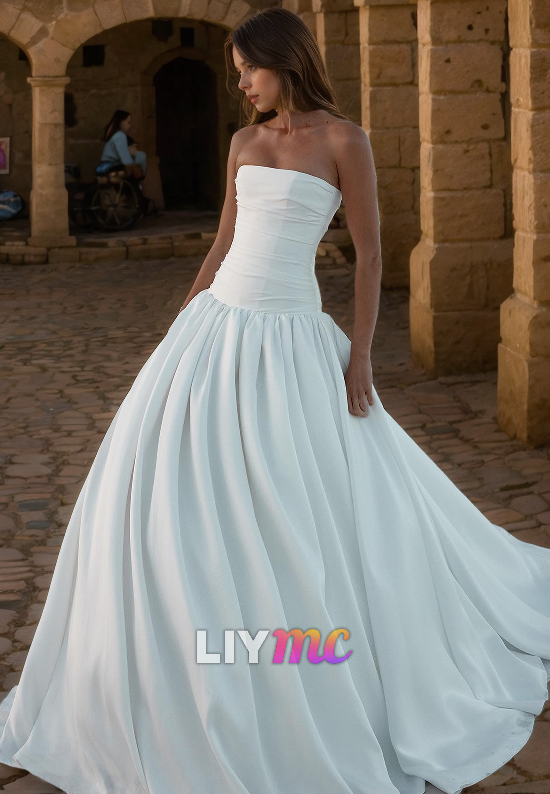 Straight Across Sleeveless Pleated A-Line Wedding Dress