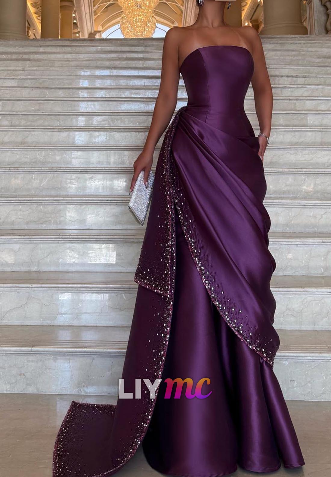 Straight Across Sleeveless Pleated Satin Beaded A-Line Evening Dress