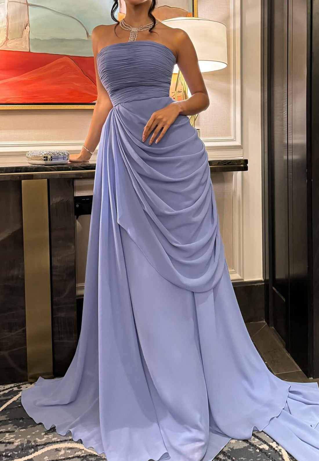 Straight Across Sleeveless Pleated Sheath Evening Dress