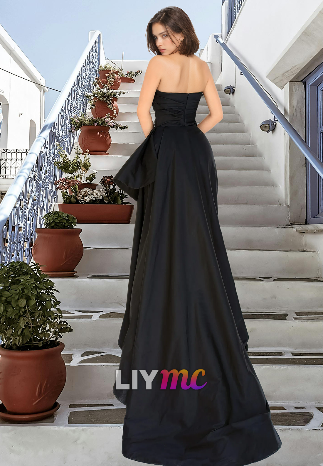 Straight Across Sleeveless Pleated Side Slit Sheath Prom Dress