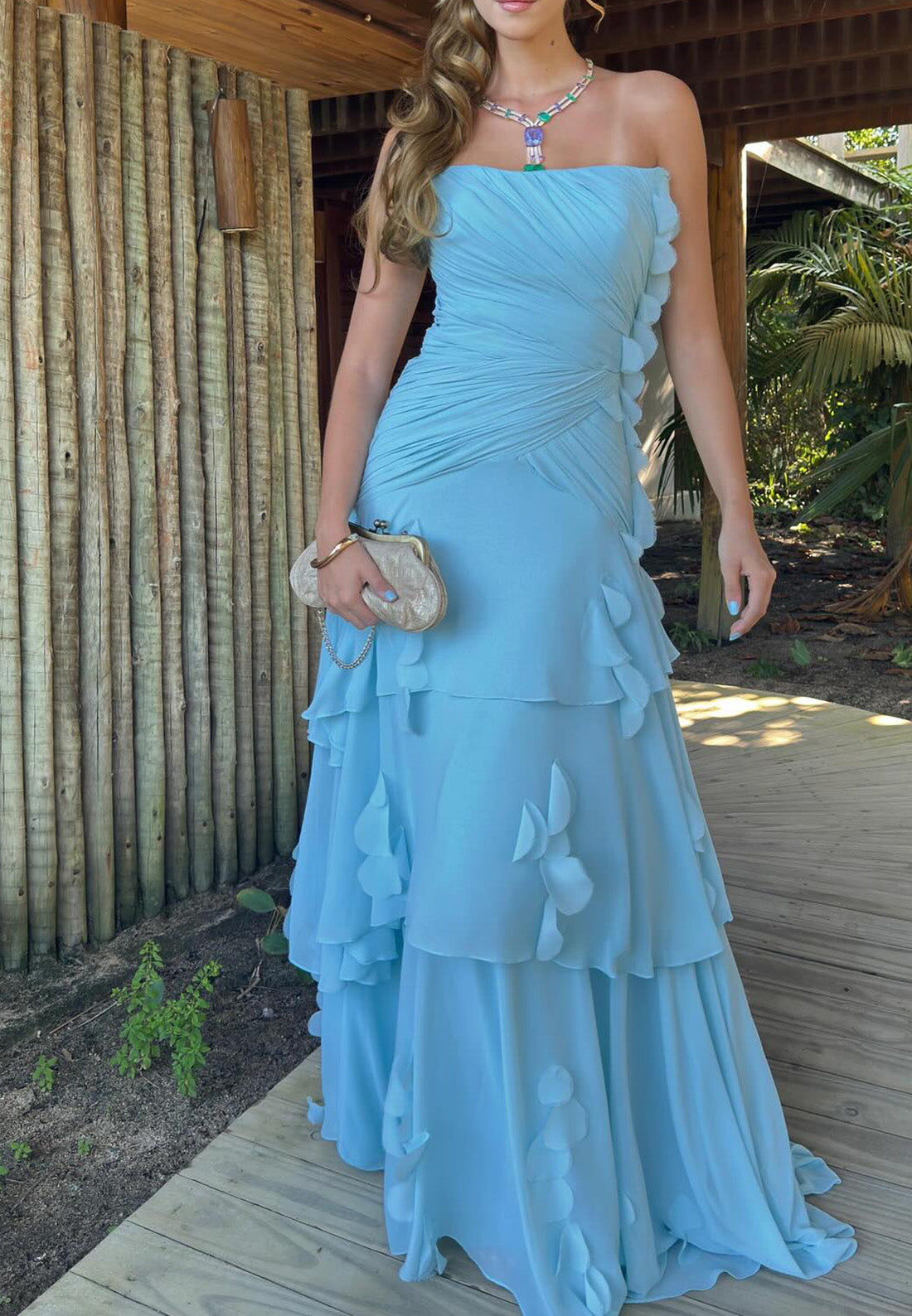 Straight Across Sleeveless Pleated Tiered A-Line Wedding Guest Dress