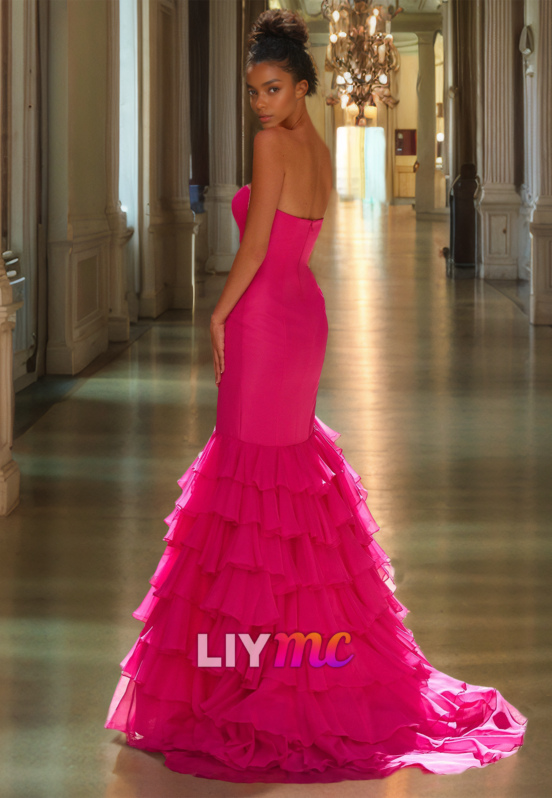 Straight Across Sleeveless Side Slit Tiered Sheath Prom Dress