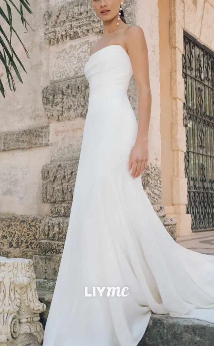 LW848 - Straight Across Sleeveless Sleek Satin Sweep Train Beach Wedding Dress