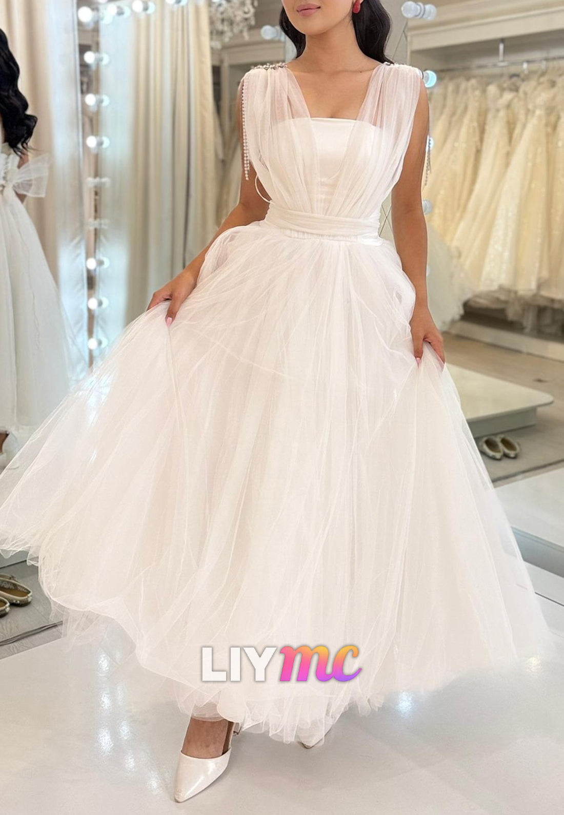 Straight Across Sleeveless Tulle Ball Gown Midi Wedding Dress