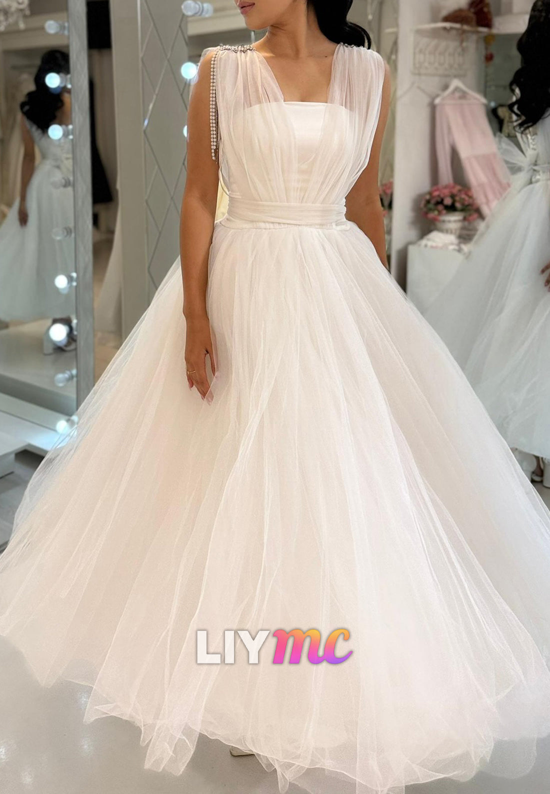 Straight Across Sleeveless Tulle Ball Gown Midi Wedding Dress