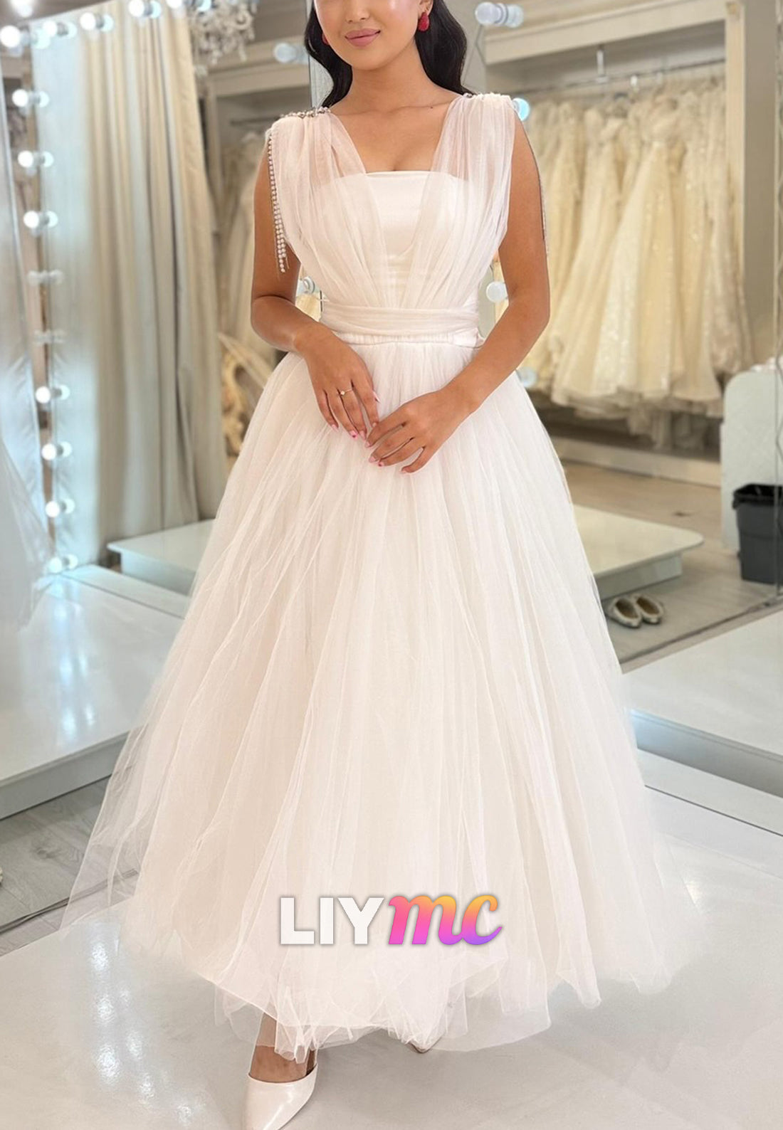 Straight Across Sleeveless Tulle Ball Gown Midi Wedding Dress