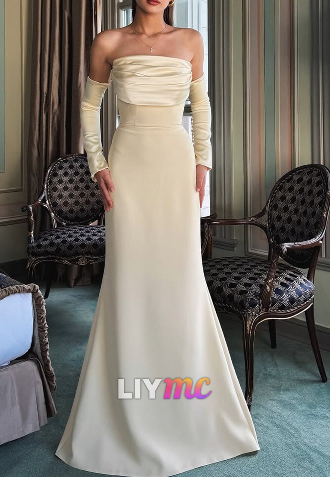 Straight Across Strapless Sleek Sheath Evening Dress