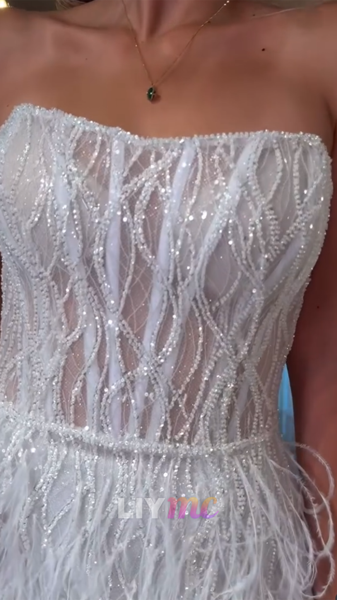 Strapless Beaded Embroidery Feathered Sheath Short Wedding Dress