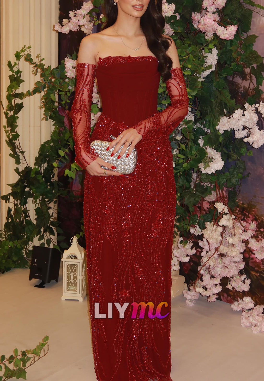Strapless Beaded Embroidery Sheath Evening Dress