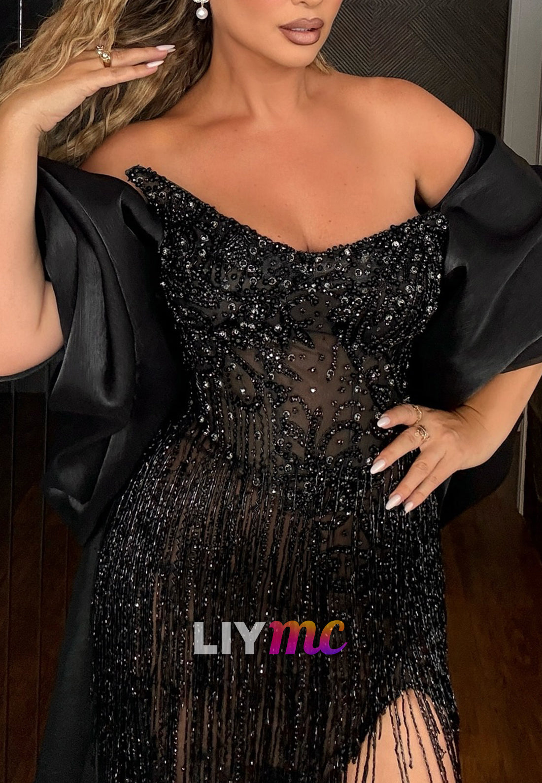 Strapless Beaded Fringe Sparkly Sheath Prom Dress