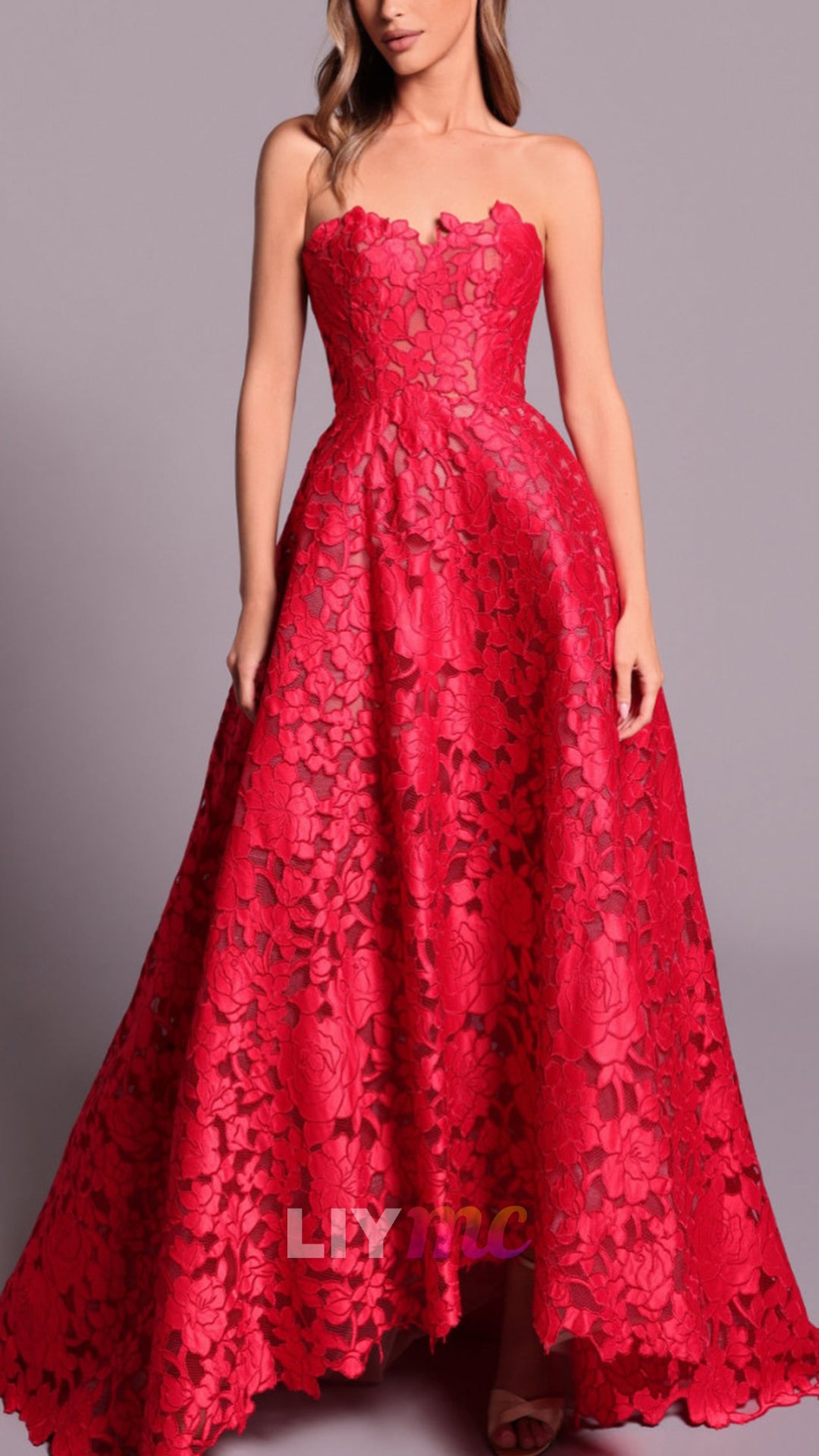 Strapless Floral Printed A-Line Evening Dress