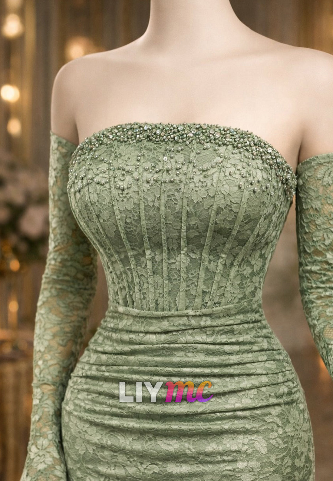 Strapless Lace Appliques Mermaid Prom Dress with Gloves