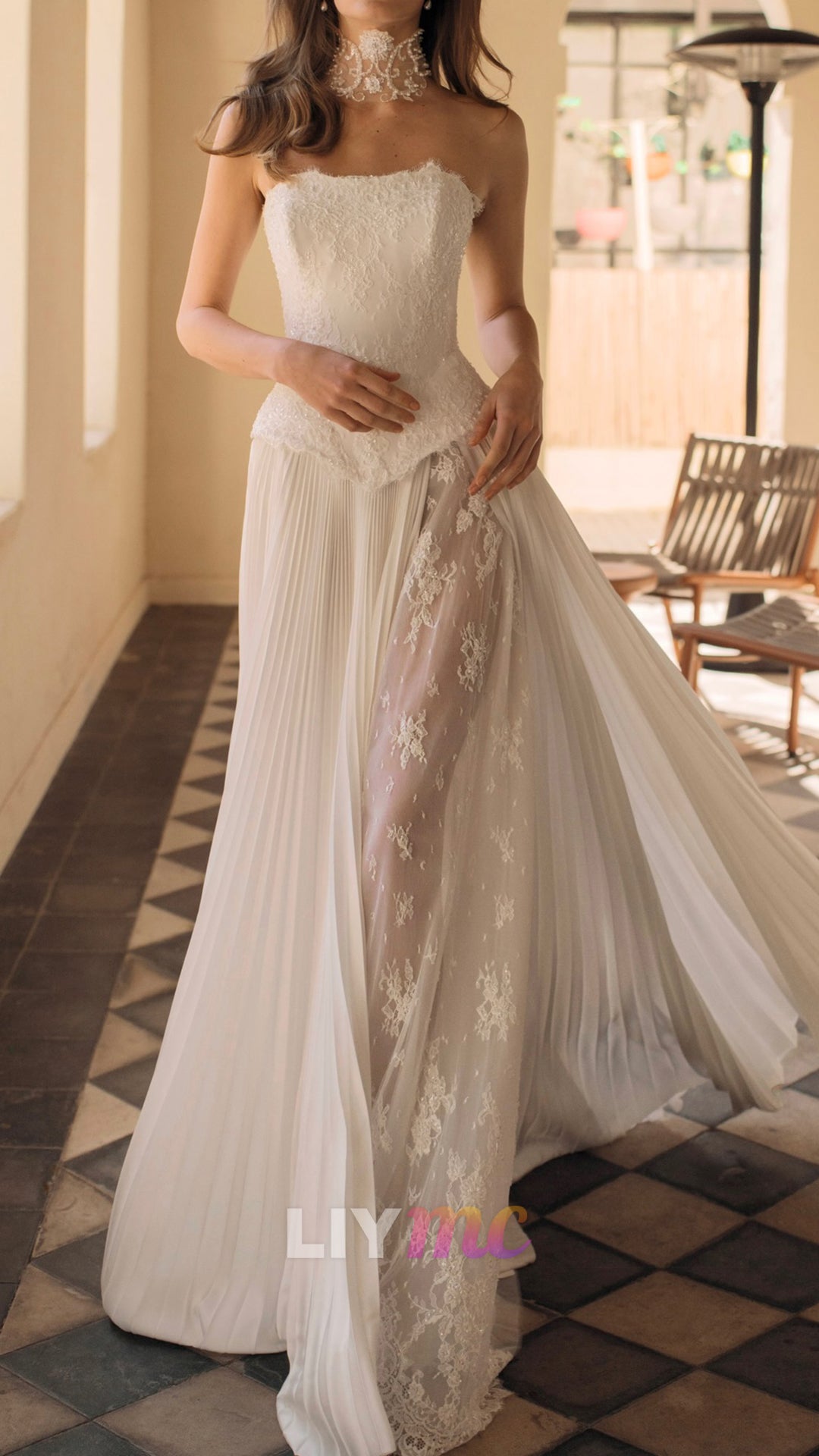 Strapless Lace Appliques Pleated Two Piece Wedding Dress