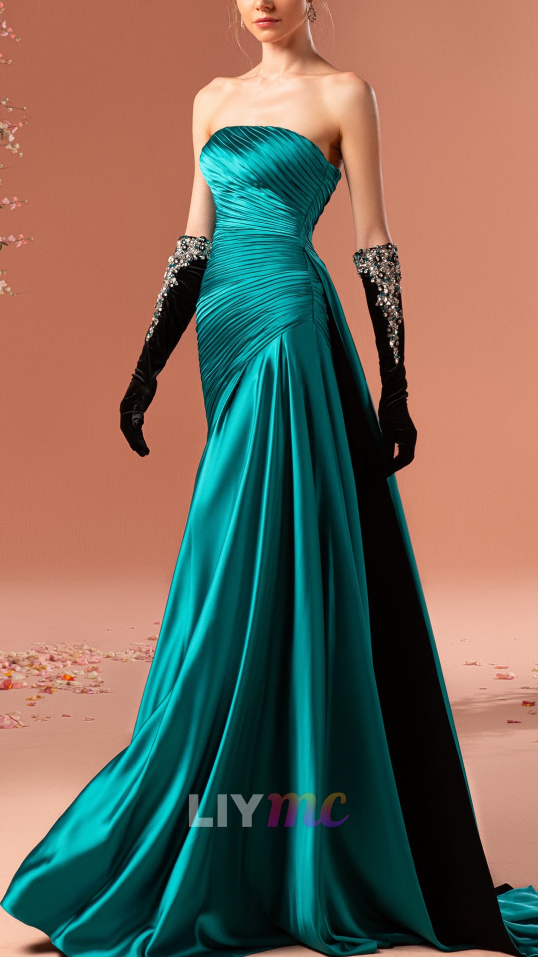 Strapless Pleated Satin A-Line Evening Dress