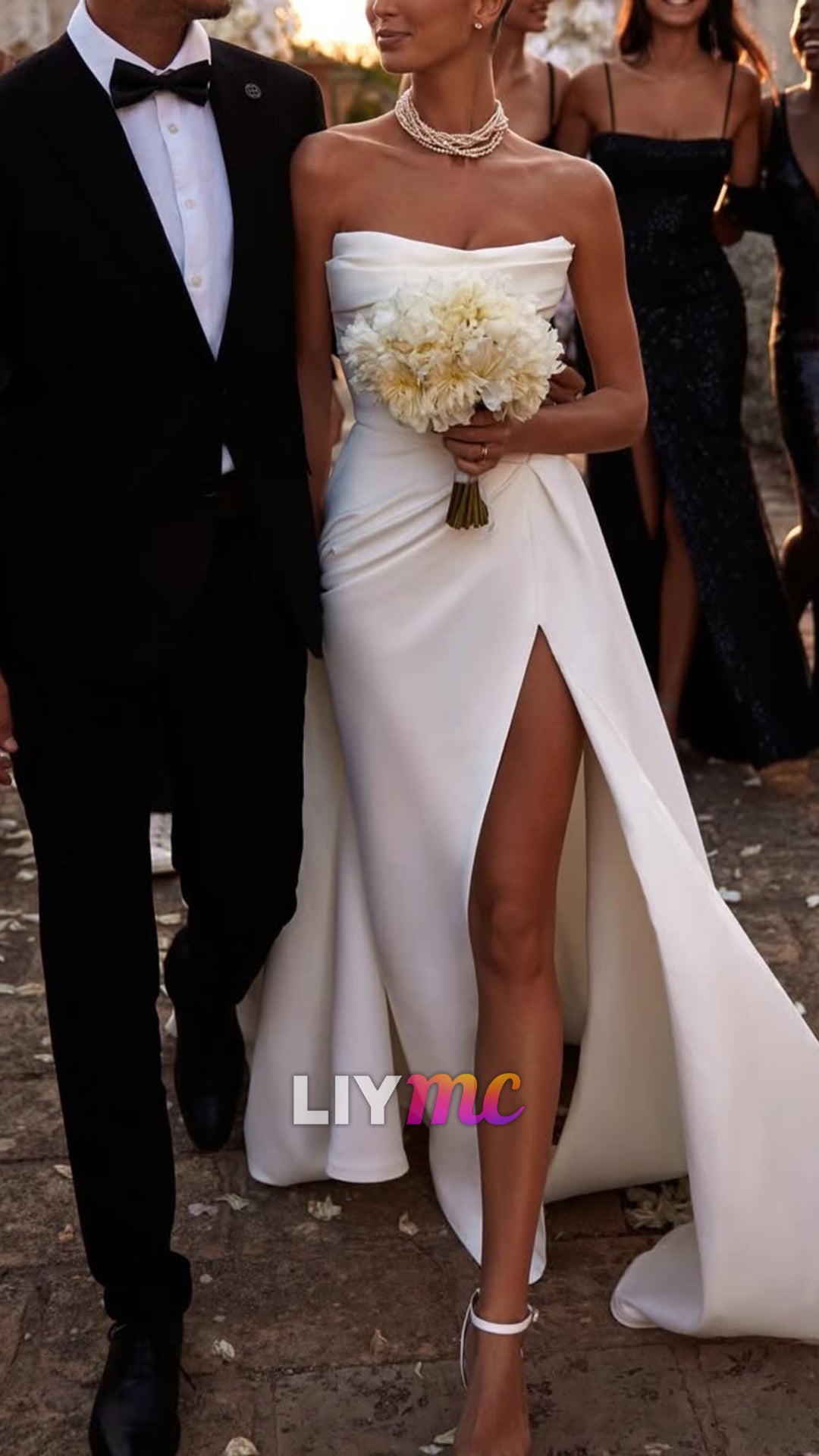 Strapless Side Slit Sleeveless Satin A-Line Wedding Dress