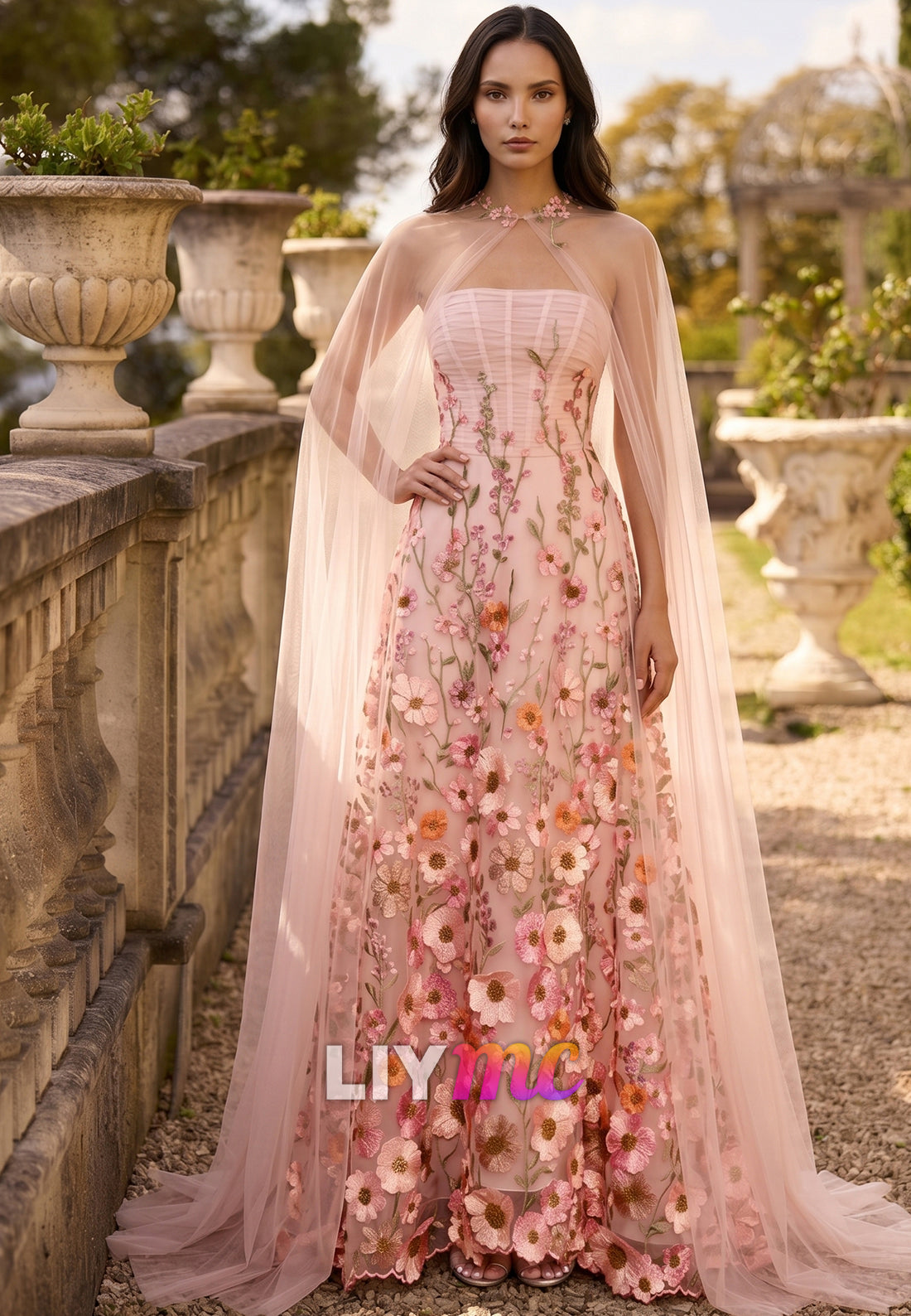 Strapless Sleeveless Floral Embellished A-Line Evening Dress