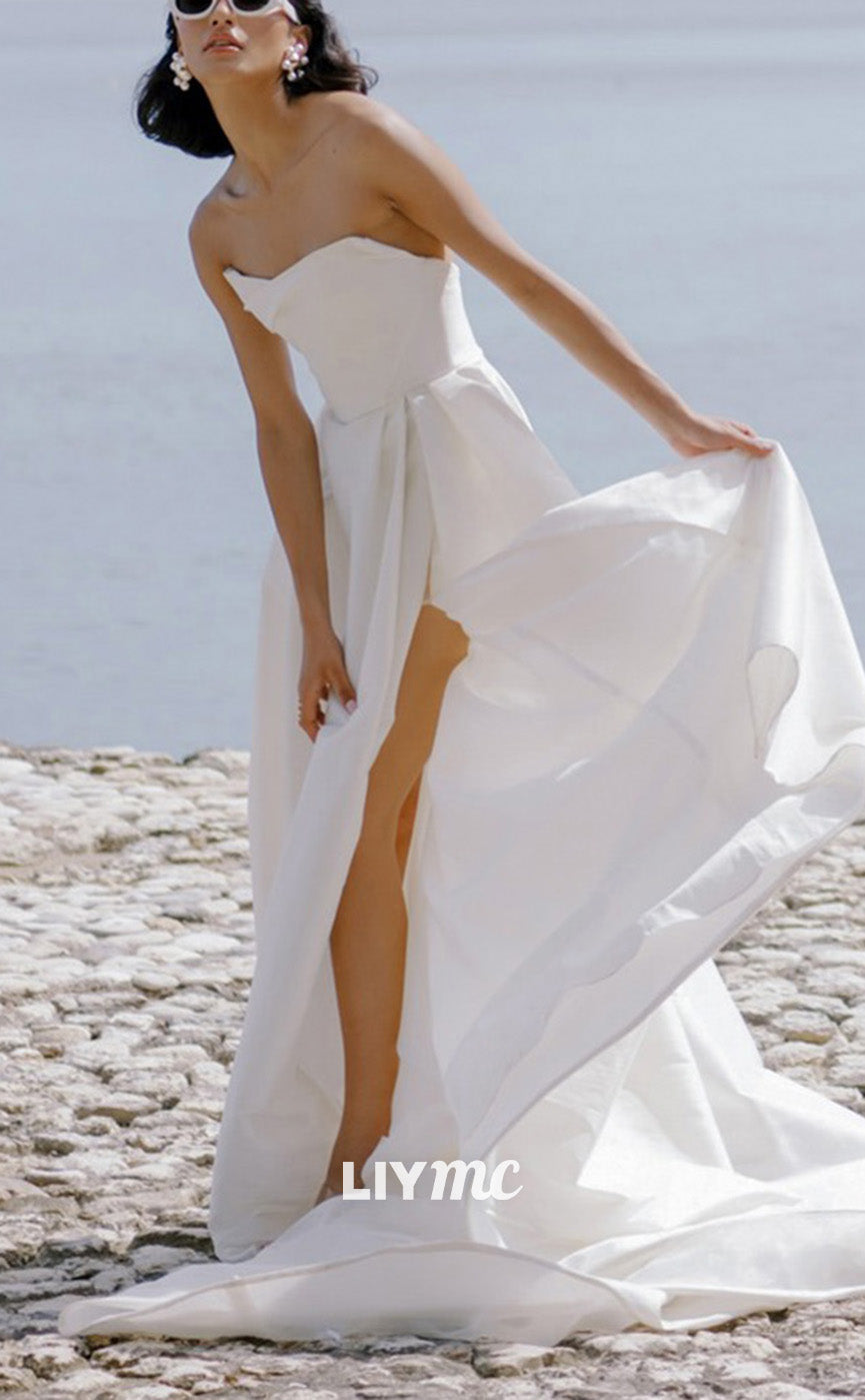 LW850 - Strapless Sleeveless Pleated High Slit A-Line Beach Wedding Dress