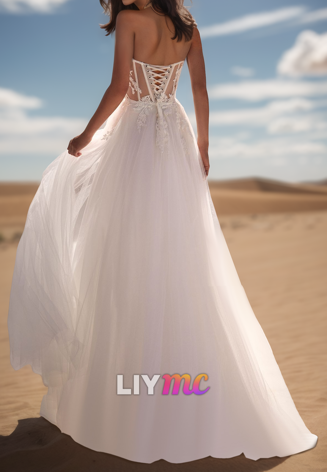 Sweetheart Strapless Appliques Tulle A-Line Beach Wedding Dress
