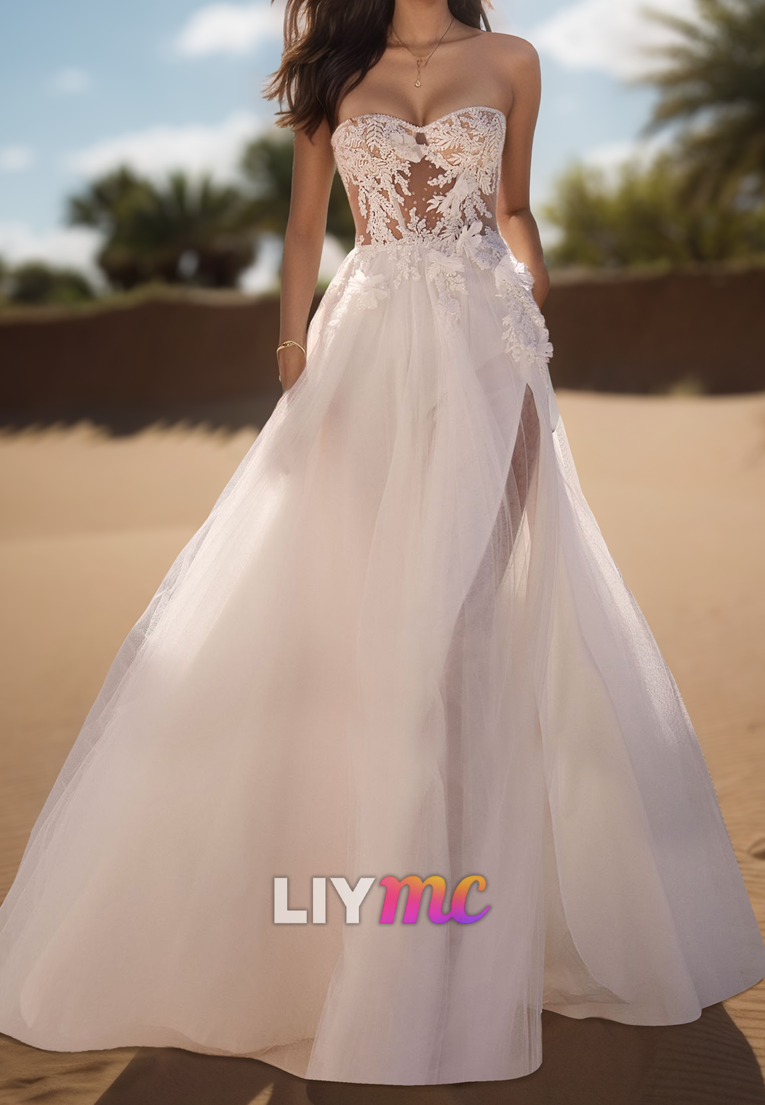 Sweetheart Strapless Appliques Tulle A-Line Beach Wedding Dress