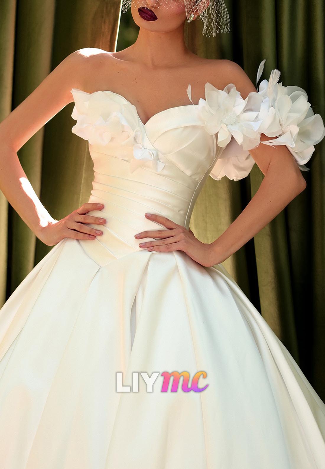 Sweetheart 3D Floral Pleated A-Line Satin Wedding Dress