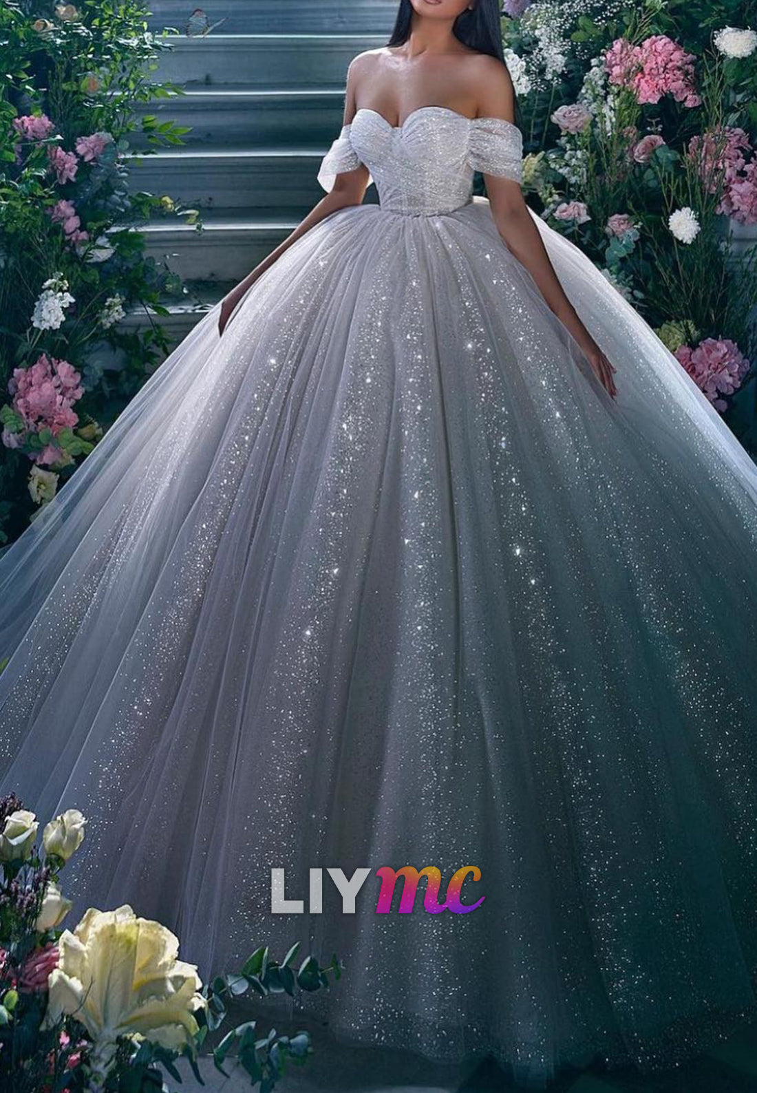 Sweetheart Ball Gown Pleated Tulle Sparkly Wedding Dress