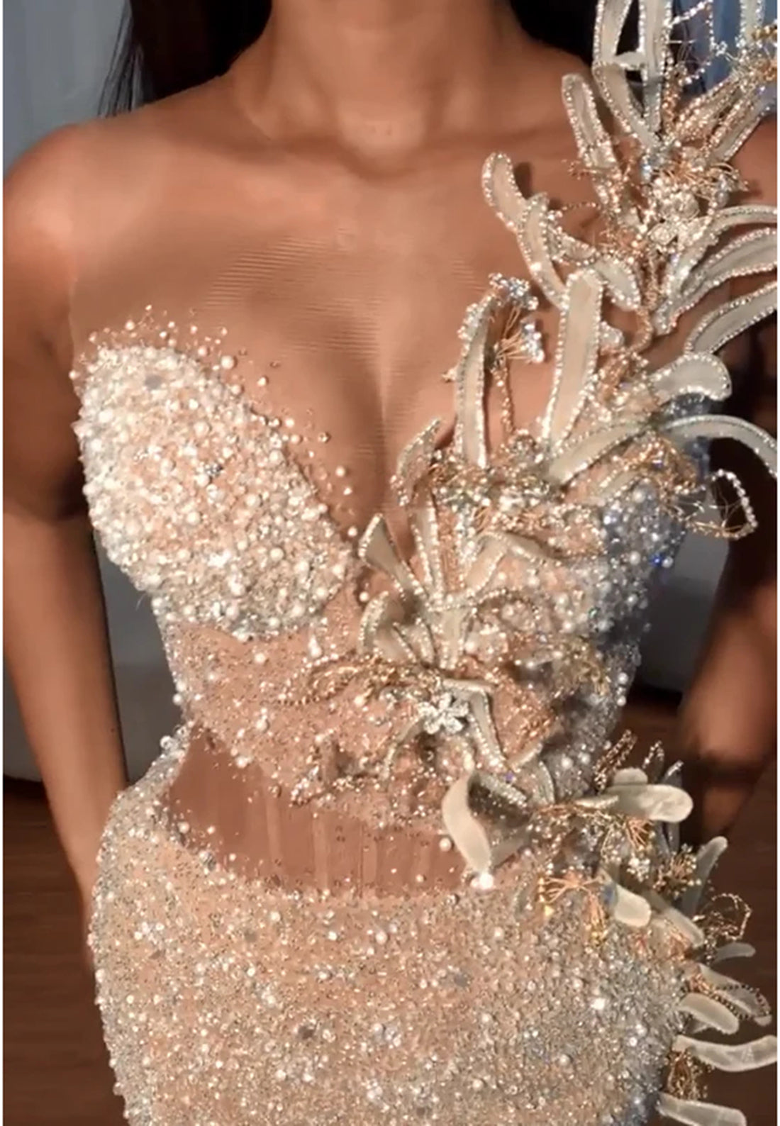 Sweetheart Beaded Floral Embellished Sequins Sheath Prom Dress